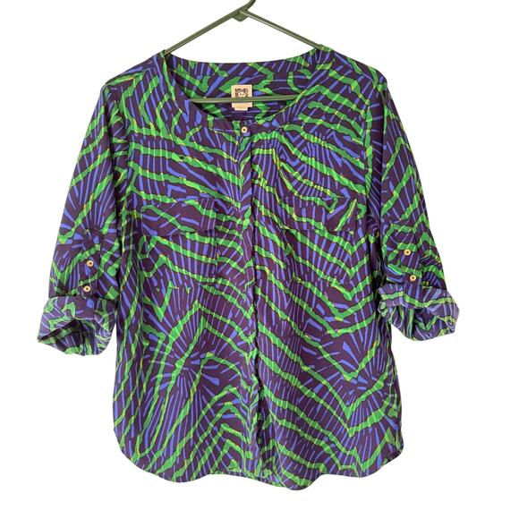 Anne Klein Women’s L Flowy Abstract Print Blouse Button Up Roll Tab Sleeves EUC - Picture 7 of 11